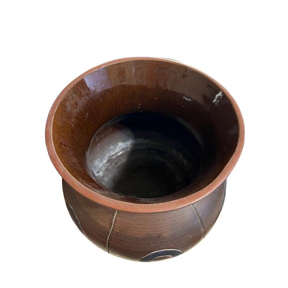 VTG Armando De Mexico Aztec Design Pottery Vessel Pot 7" Tall 7" Wide - Picture 3 of 5